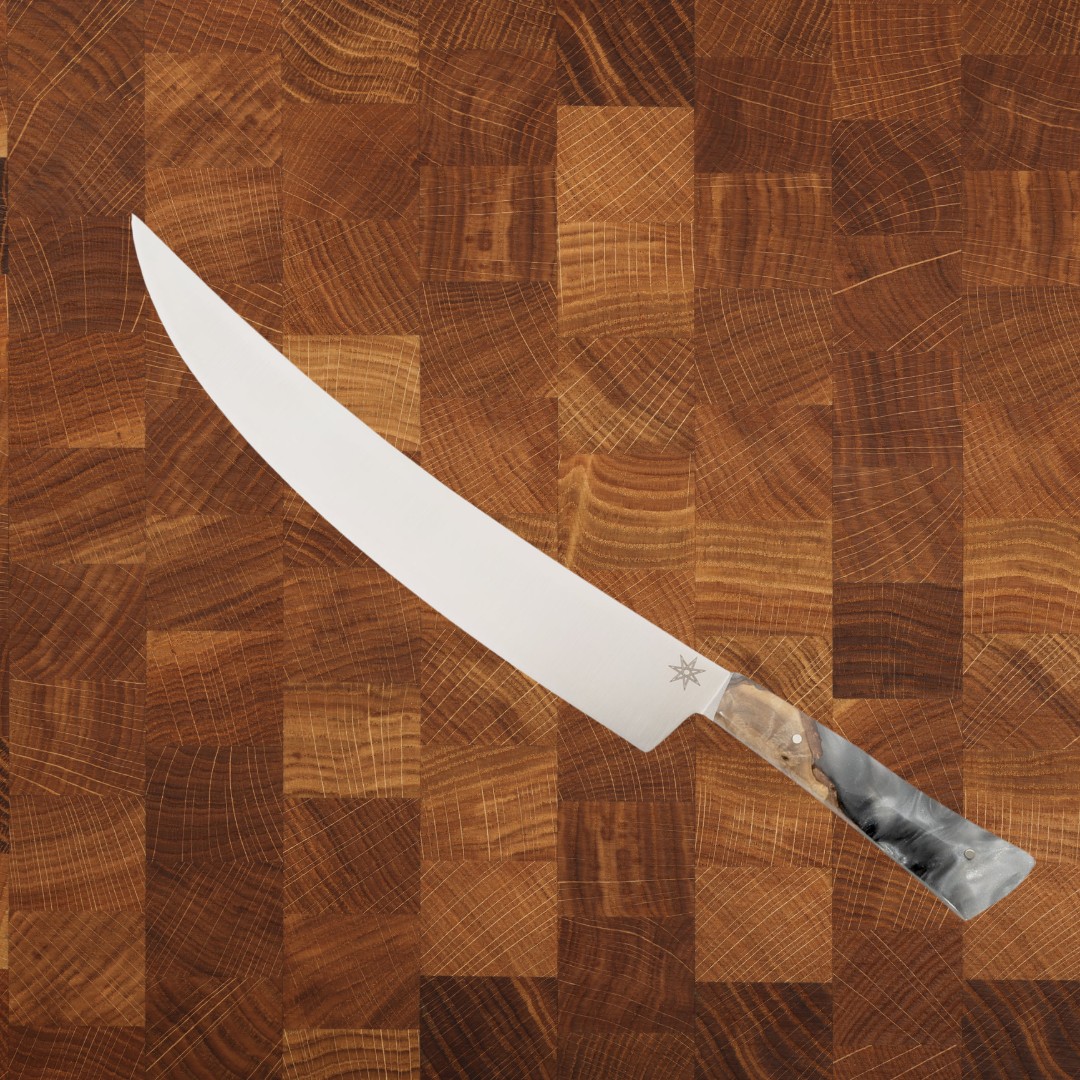 11" Scimitar Butcher Knife - AG 47 Buckeye Burl and Silver Resin