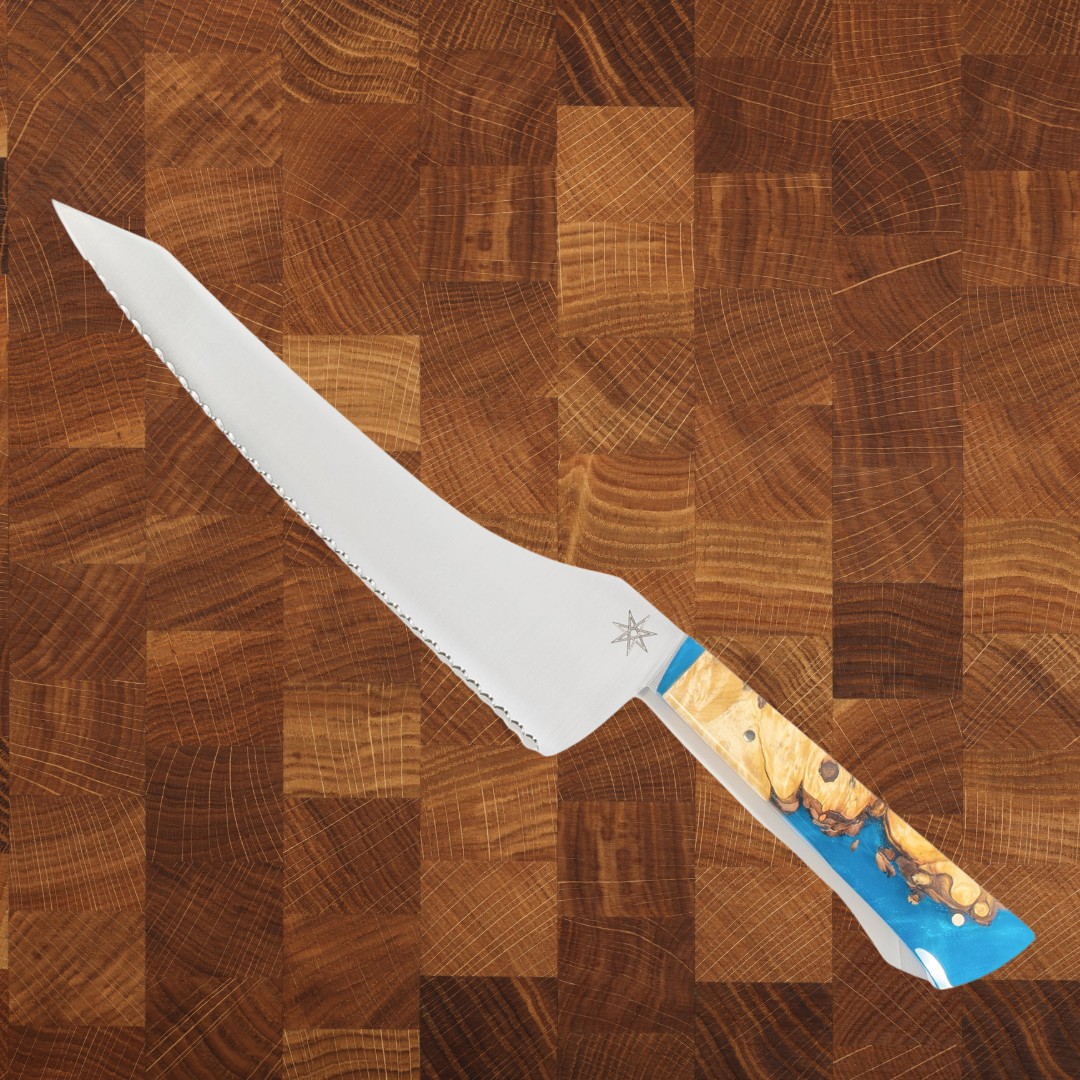 9" Bread Knife - Tahoe Bliss Buckeye Burl and Blue Resin
